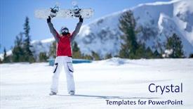  Presentation with snowboard - Theme having happy snowboarder holding snowboard over head background and a sky blue colored foreground