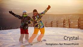  Presentation with mountains - Slide deck featuring happy snowboarding team in winter background and a coral colored foreground