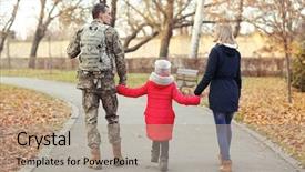  Presentation with military family - PPT theme having happy soldier with family background and a mint green colored foreground