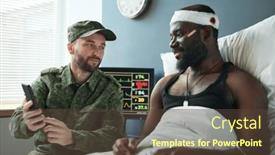  Presentation with head - PPT theme with happy-soldier-with-injured-head background and a tawny brown colored foreground