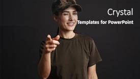  Presentation with happy smiling woman dental health - Slide deck with happy-soldier-woman-winking background and a dark gray colored foreground