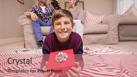  Presentation with living room family - Audience pleasing presentation consisting of happy son lying and holding gift with his family behind at home in the living room backdrop and a coral colored foreground