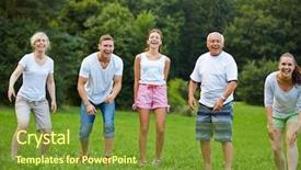  Presentation with green lawn - Presentation design having happy sportive family laughing on a green lawn in summer background and a tawny brown colored foreground