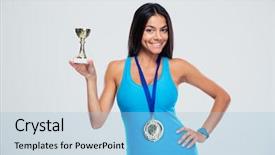  Presentation with winner cup - Audience pleasing slide deck consisting of happy-sports-woman-holding-winner backdrop and a light blue colored foreground