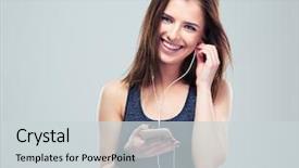  Presentation with woman sport - Colorful slide deck enhanced with happy sports woman with smartphone backdrop and a light gray colored foreground