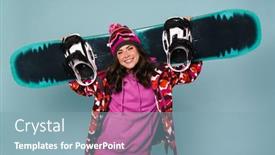  Presentation with snowboard - Colorful presentation theme enhanced with happy-sportswoman-posing-with-snowboard backdrop and a seafoam green colored foreground