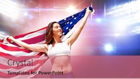  Presentation with spotlight - PPT layouts consisting of happy sportswoman posing with an american flag against composite image of orange spotlight background and a coral colored foreground