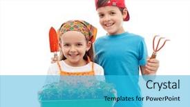  Presentation with happy kids - Amazing presentation theme having happy spring gardening kids backdrop and a cyan colored foreground