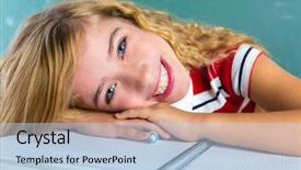  Presentation with chalk board - Slide deck enhanced with happy student expression schoolgirl in classroom desk at school green chalk board background and a light blue colored foreground