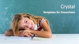  Presentation with chalk board - Presentation featuring happy student expression schoolgirl in classroom desk at school green chalk board background and a teal colored foreground