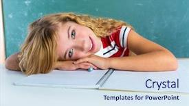  Presentation with chalk board - PPT layouts with happy student expression schoolgirl in classroom desk at school green chalk board background and a sky blue colored foreground