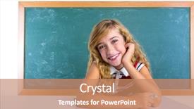  Presentation with school board - Beautiful PPT theme featuring happy student expression schoolgirl in classroom desk at school green chalk board backdrop and a coral colored foreground