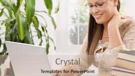  Presentation with desk - PPT theme consisting of happy student girl sitting at desk learning with laptop computer background and a soft green colored foreground