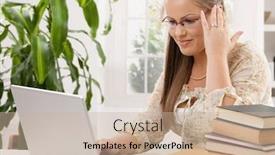  Presentation with learning - Audience pleasing slide deck consisting of happy student girl sitting at desk learning with laptop computer backdrop and a soft green colored foreground