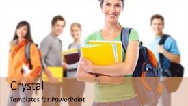  Presentation with book - Audience pleasing PPT theme consisting of happy student girl with book backdrop and a coral colored foreground