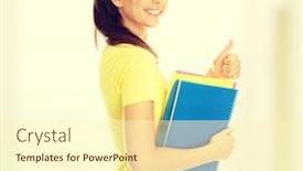  Presentation with student - Slide deck having happy-student-girl-with-thumb background and a cream colored foreground