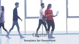  Presentation with student - Colorful presentation enhanced with happy student girl working on laptop computer at modern school university indoors while people group passing backdrop and a light blue colored foreground