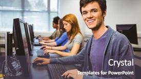  Presentation with class - Audience pleasing PPT theme consisting of happy student in computer class backdrop and a dark gray colored foreground