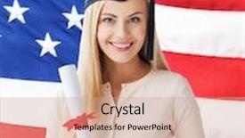  Presentation with certificate - Slide set featuring happy student in graduation cap with certificate over american flag background and a coral colored foreground