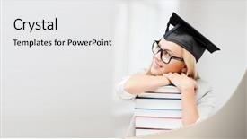  Presentation with stack books - Slide deck enhanced with happy student in graduation background and a white colored foreground