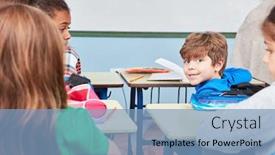  Presentation with elementary - Slide deck having happy-student-is-attentive background and a teal colored foreground