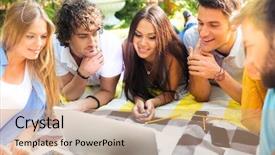  Presentation with man looking up happy - PPT layouts enhanced with happy student lying on plaid background and a coral colored foreground