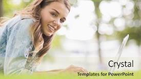  Presentation with college campus - Presentation theme having happy student lying on the grass using her laptop looking at camera on college campus background and a soft green colored foreground