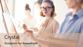  Presentation with school clip arts - Cool new PPT theme with happy student of arts school backdrop and a coral colored foreground