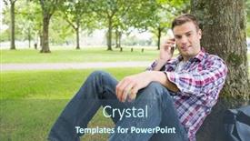  Presentation with college campus - Cool new presentation theme with happy student on the phone outside leaning on tree on college campus backdrop and a ocean colored foreground