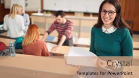  Presentation with amphitheater - Colorful presentation theme enhanced with happy-student-smiling-on-lecture backdrop and a coral colored foreground