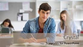  Presentation with taking notes - PPT theme enhanced with happy-student-taking-notes background and a coral colored foreground