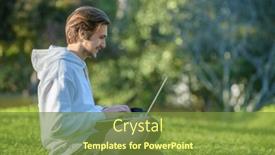  Presentation with green lawn - Slide set enhanced with happy-student-with-laptop-sits background and a tawny brown colored foreground