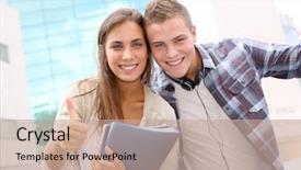  Presentation with university - Presentation design consisting of happy students at university campus background and a coral colored foreground