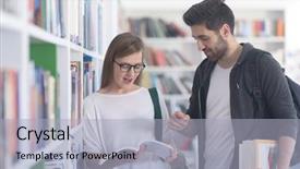 Presentation with discussion - Audience pleasing slides consisting of happy students couple in school library have discussion about book backdrop and a light gray colored foreground