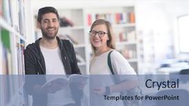  Presentation with library - Theme with happy students couple in school background and a teal colored foreground