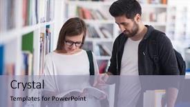  Presentation with discussion - Cool new theme with happy students couple in school library have discussion about book backdrop and a light gray colored foreground