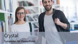  Presentation with discussion - PPT layouts consisting of happy students couple in school library have discussion about book background and a light blue colored foreground