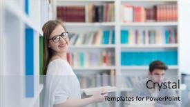  Presentation with library - Cool new PPT layouts with happy-students-couple-in-school backdrop and a light blue colored foreground