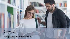  Presentation with library - Cool new PPT theme with happy-students-couple-in-school backdrop and a light blue colored foreground
