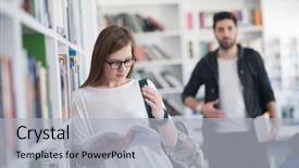  Presentation with discussion - Presentation theme having happy students couple in school library have discussion about book background and a light gray colored foreground