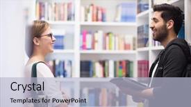  Presentation with library - Cool new presentation theme with happy students group in school backdrop and a light blue colored foreground