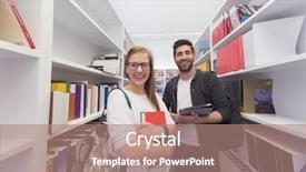  Presentation with library - Amazing PPT theme having happy-students-group-in-school backdrop and a coral colored foreground