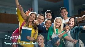  Presentation with study - Cool new slide set with happy students group study in classroom backdrop and a ocean colored foreground