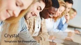  Presentation with testing - Presentation design consisting of happy students in a seminar background and a coral colored foreground