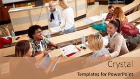  Presentation with amphitheater - Beautiful PPT theme featuring happy-students-in-amphitheater-having backdrop and a coral colored foreground