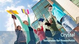  Presentation with test exam student - Colorful slide set enhanced with happy students jumping for joy backdrop and a ocean colored foreground