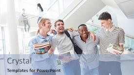  Presentation with students - Colorful PPT layouts enhanced with happy-students-laugh-together backdrop and a light blue colored foreground