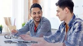  Presentation with data meeting - Presentation design enhanced with happy students or colleagues discussing online data at meeting background and a seafoam green colored foreground