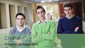  Presentation with university-building - Amazing PPT theme having happy-students-people-group-portrait backdrop and a seafoam green colored foreground