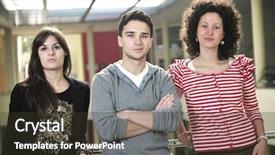  Presentation with university building - Cool new presentation theme with happy students people group portrait at university indoor building backdrop and a tawny brown colored foreground